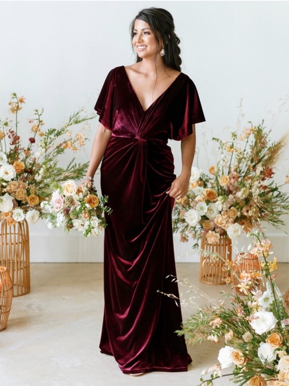 Revelry Gwen Velvet Dress V-Neck Long Formal Bridesmaid Dress in Burgundy